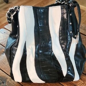Elegant Black and White Croc-Embossed Shoulder Bag